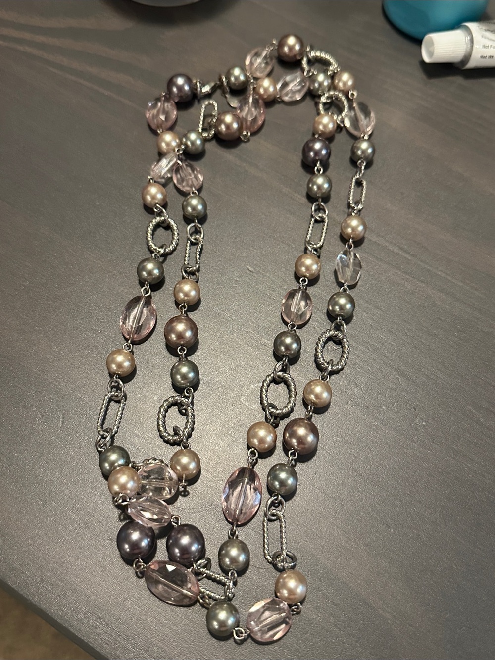 Premier Designs Multi-Strand Pearl & Crystal Necklace in Pink and Gray